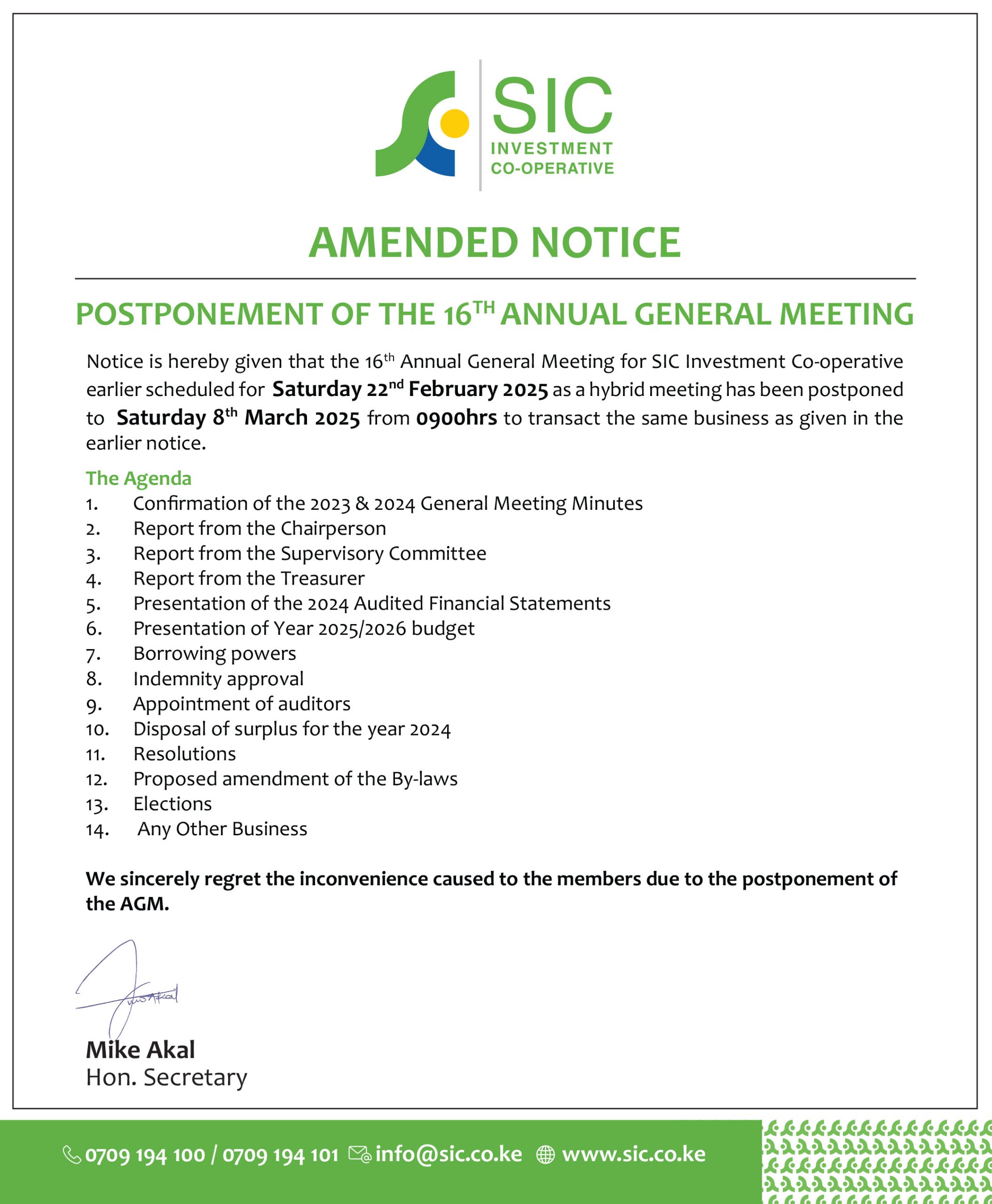 SIC Investments Co-operative AGM Notice for 2025
